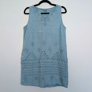 Artisan NY Blue Linen Tribal Aztec Embroidered Sleeveless Tunic Dress Sz M